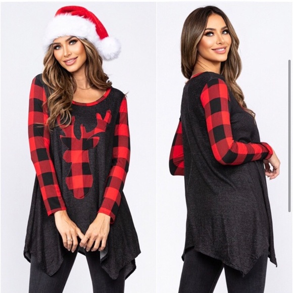 LAST ONE: Buffalo plaid women’s reindeer patch ultra soft holiday tunic top - Picture 2 of 2